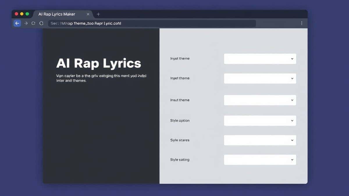 A sleek, modern browser window displaying the AI Rap Lyrics Maker tool interface with input fields for theme and style options