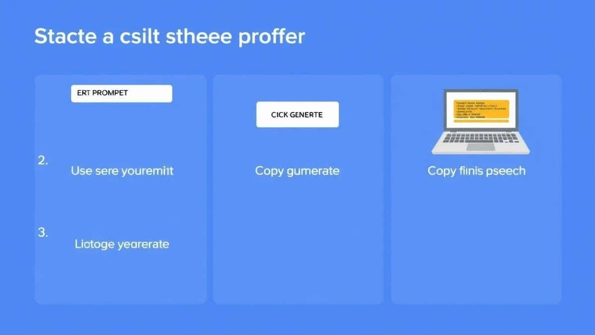 A three-step visual guide showing a user entering a prompt, clicking generate, and copying the finished speech on a laptop A three-step visual guide showing a user entering a prompt, clicking generate, and copying the finished speech on a laptop