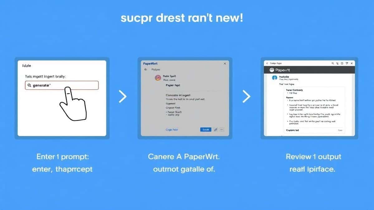 A step-by-step visual guide showing a user entering a prompt, clicking generate, and reviewing the output on the AI PaperWrt interface.