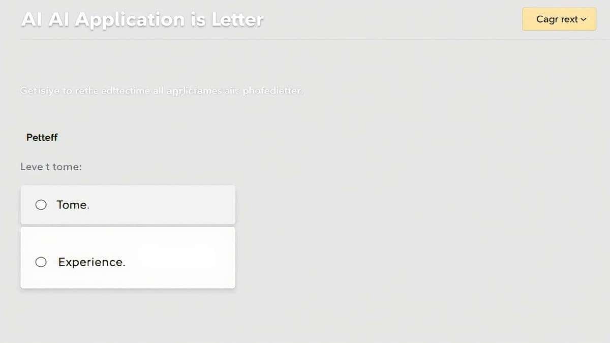 Screenshot of the AI Application Letter Maker tool interface showing dropdown menus for tone, job title, and experience level Screenshot of the AI Application Letter Maker tool interface showing dropdown menus for tone, job title, and experience level