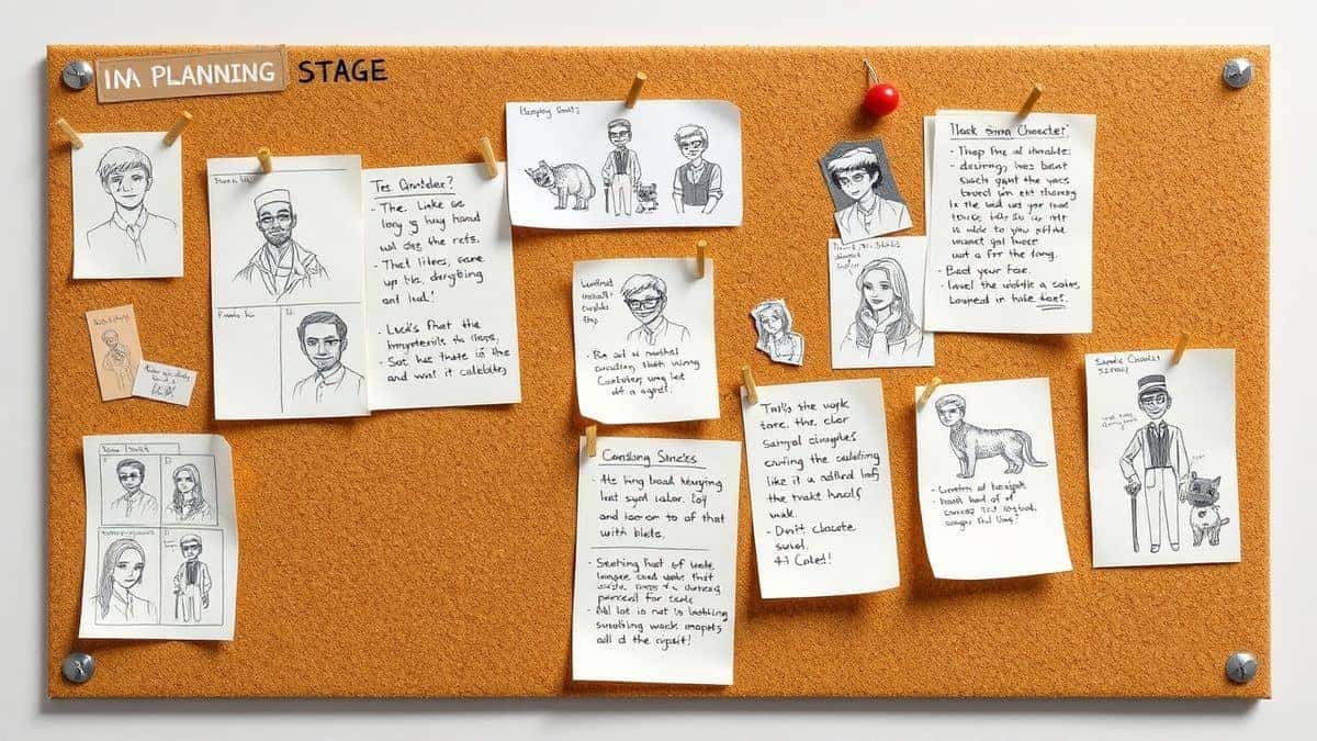 A collection of sketches and notes about a character pinned to a corkboard, representing the final planning stage