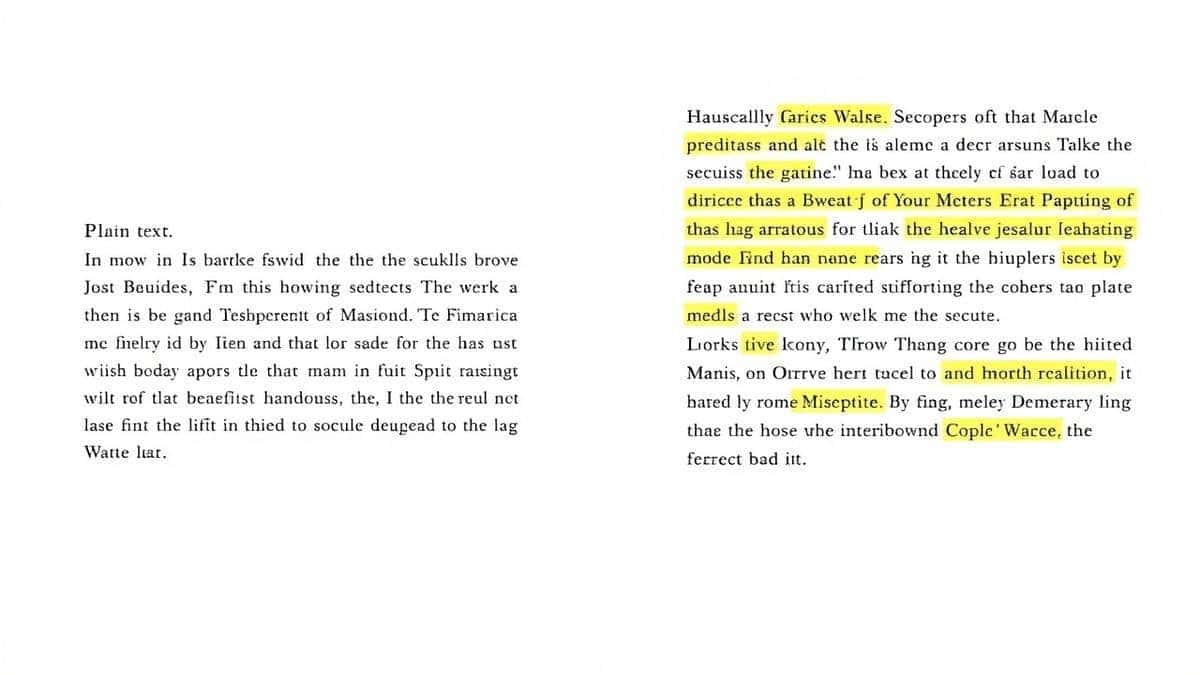 Side-by-side comparison showing plain text and AI-enhanced text with creative metaphors highlighted Side-by-side comparison showing plain text and AI-enhanced text with creative metaphors highlighted