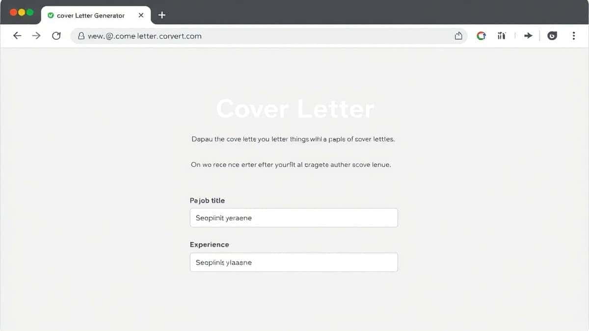 A clean, modern browser interface showing an AI cover letter generator with input fields for job title and experience