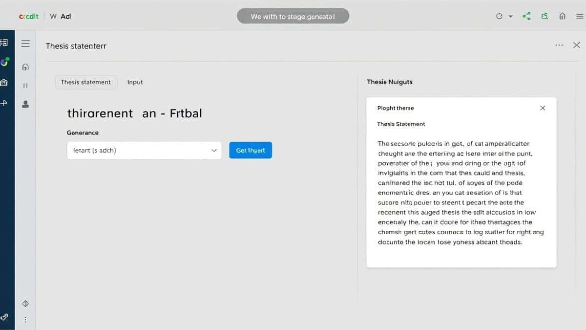 Modern online AI writing tool interface showing thesis statement generator input and output