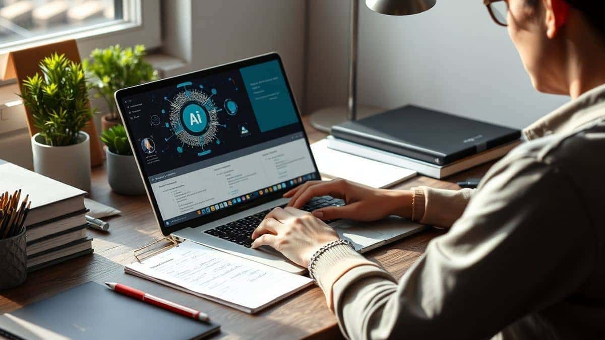 Writer working at a desk with laptop showing AI metaphor tool, natural lighting, creative workspace Writer working at a desk with laptop showing AI metaphor tool, natural lighting, creative workspace