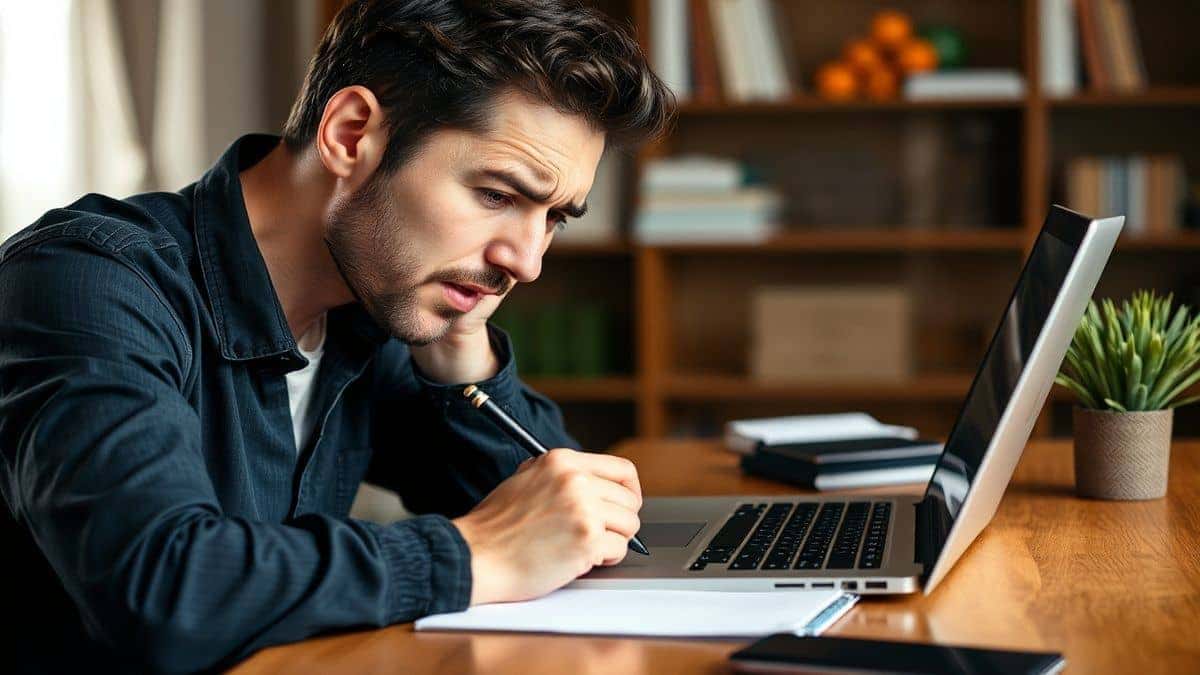 person working on laptop showing frustration with writing
