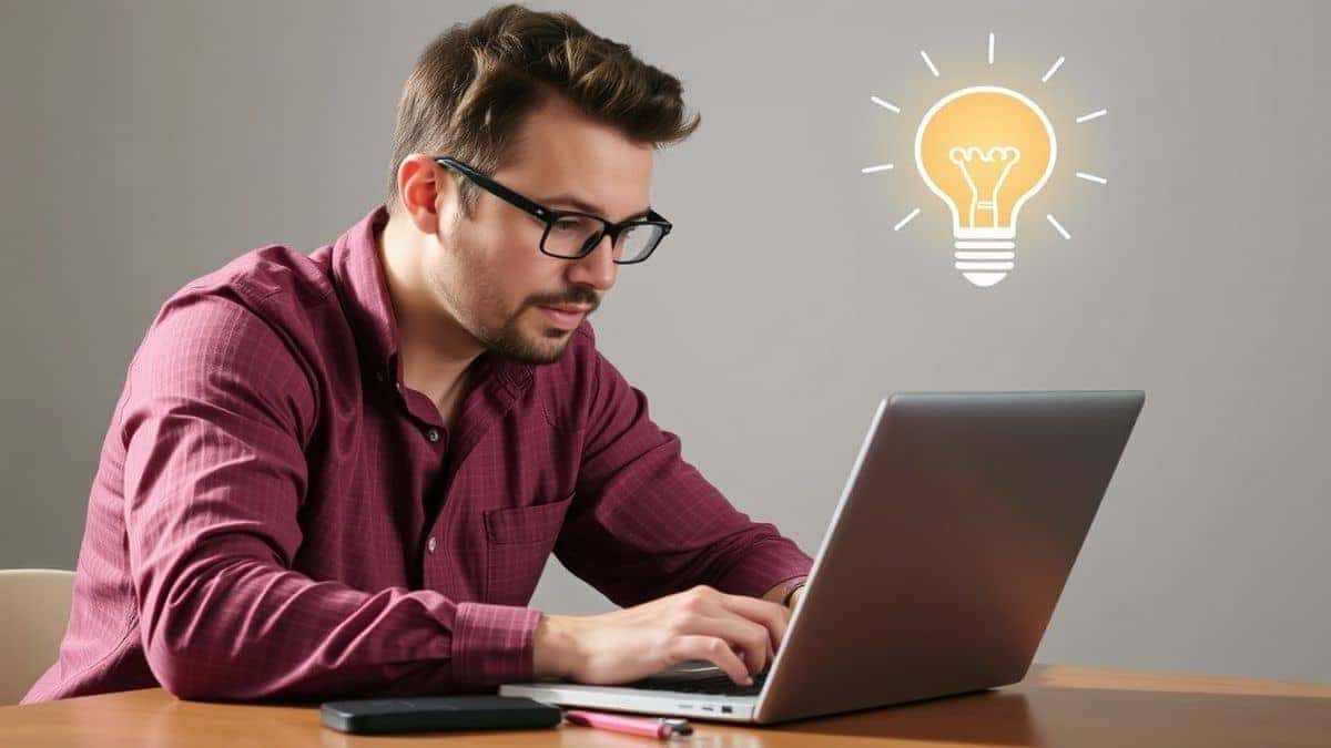 A writer looking at a laptop screen with a lightbulb icon representing a creative idea appearing above them